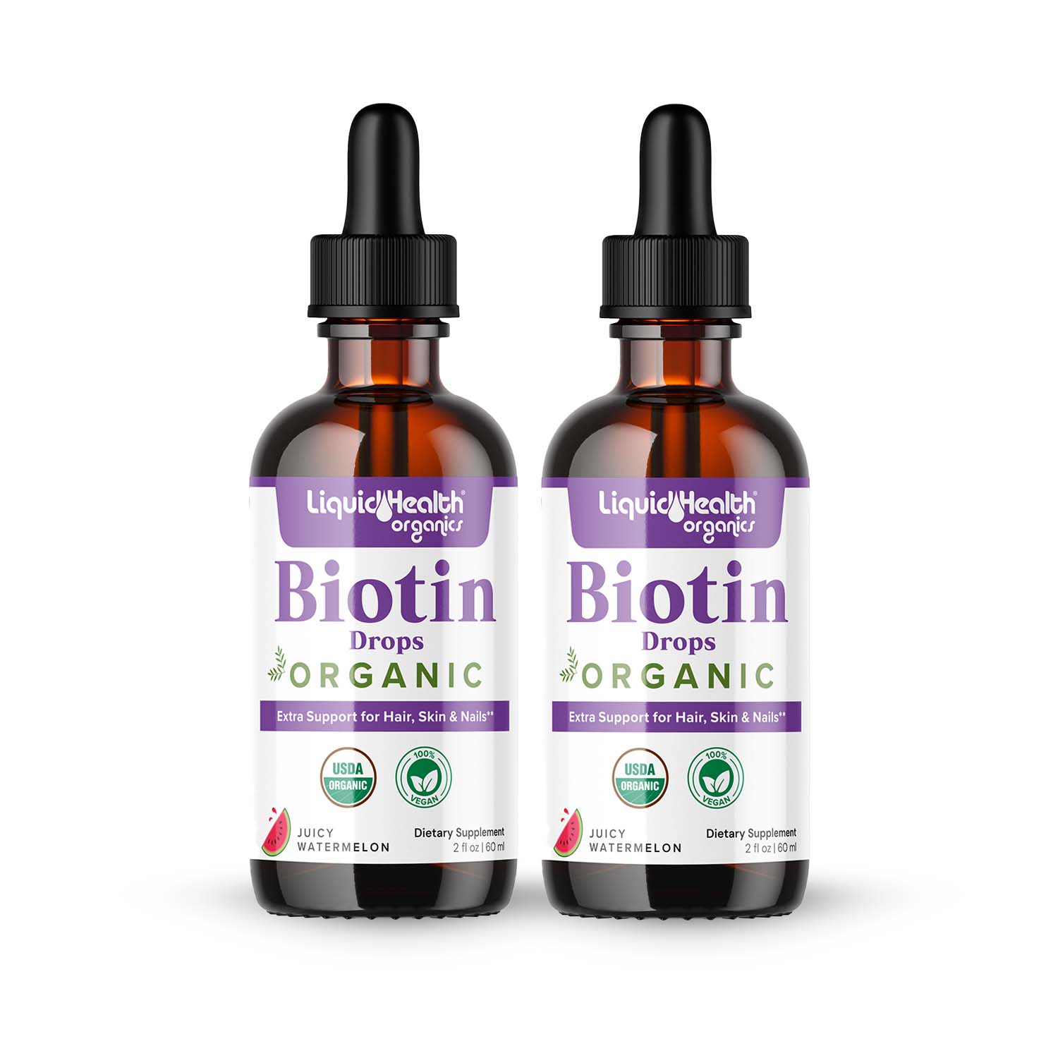 Two pack organic biotin dropper bottles