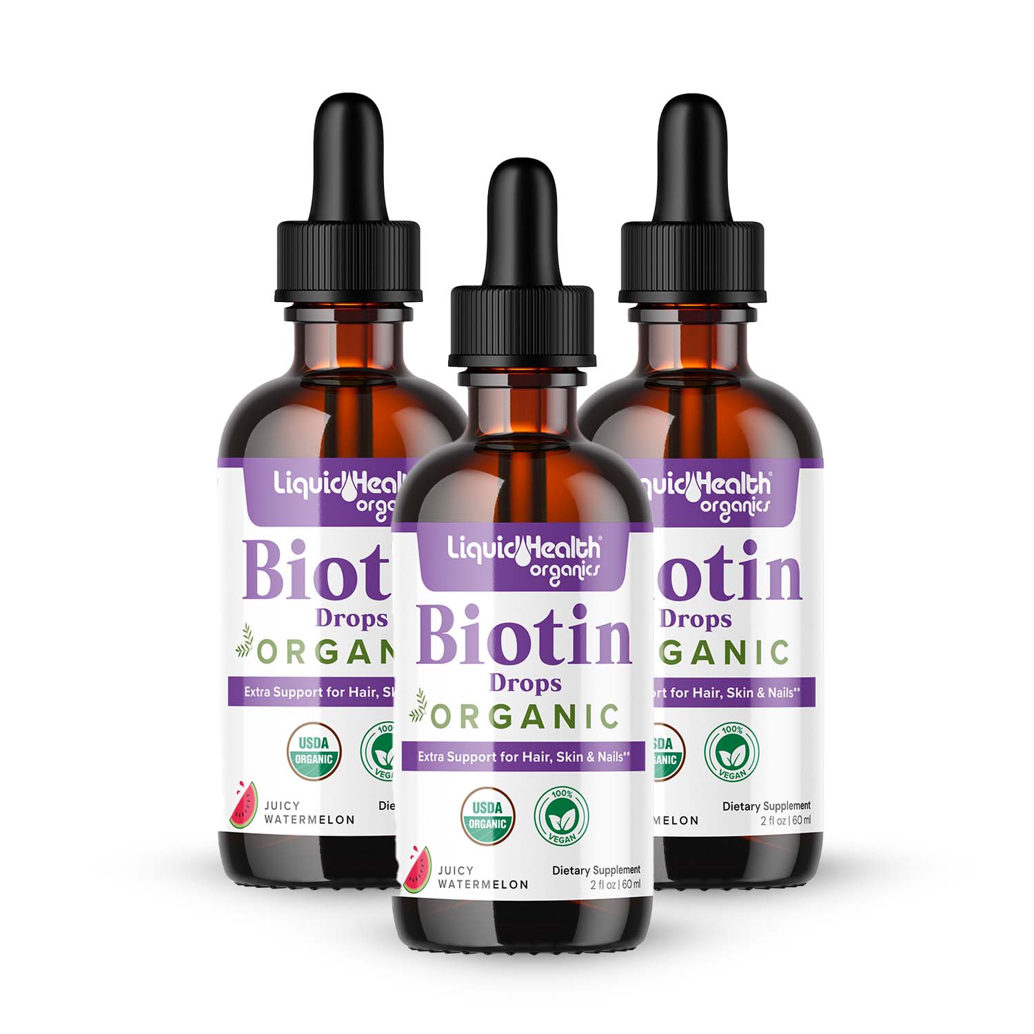 Three pack organic biotin drops bottles