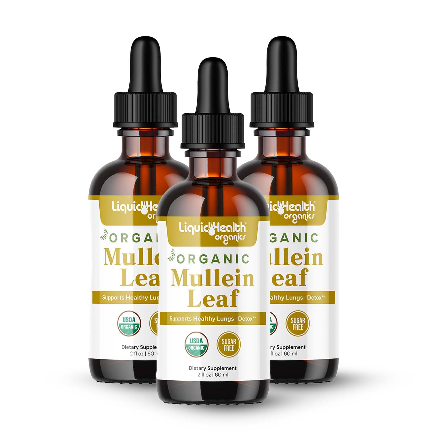 Three pack organic mullein leaf extract dropper bottles