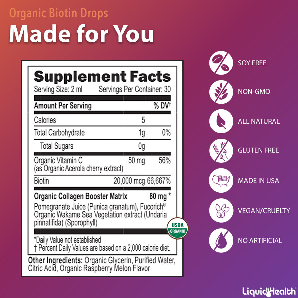 Supplement facts label for organic biotin drops with collagen
