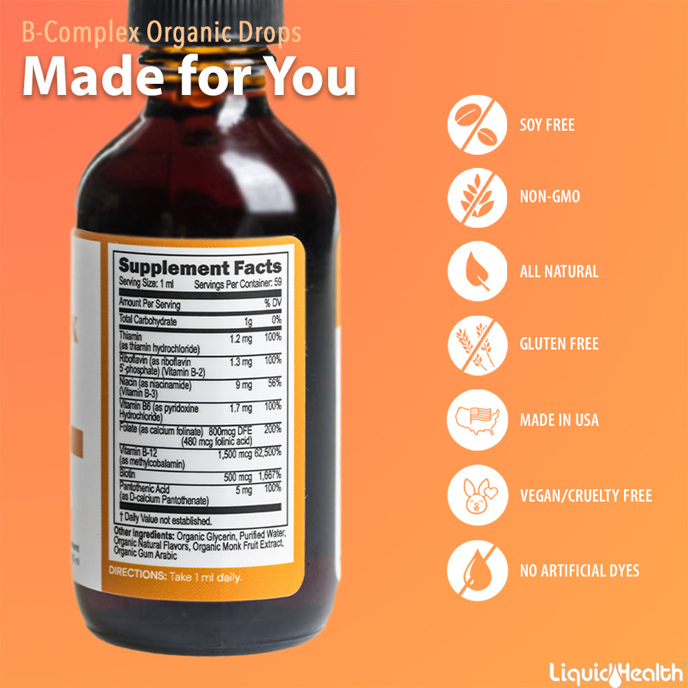 Vitamin B-complex supplement facts label and ingredients bottle back view
