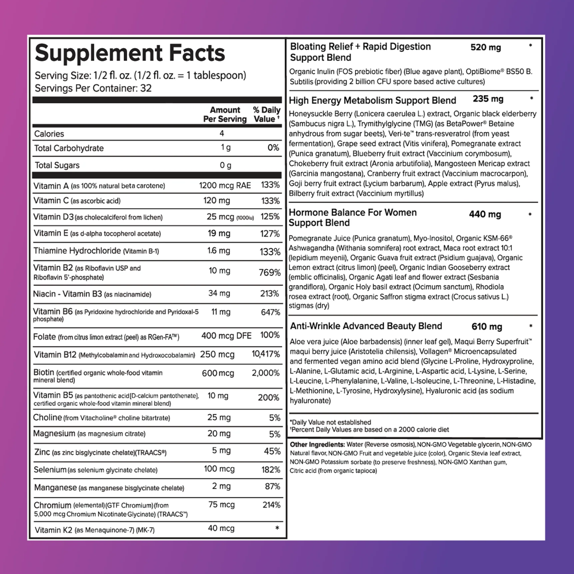 Supplement facts label for women's liquid multivitamin