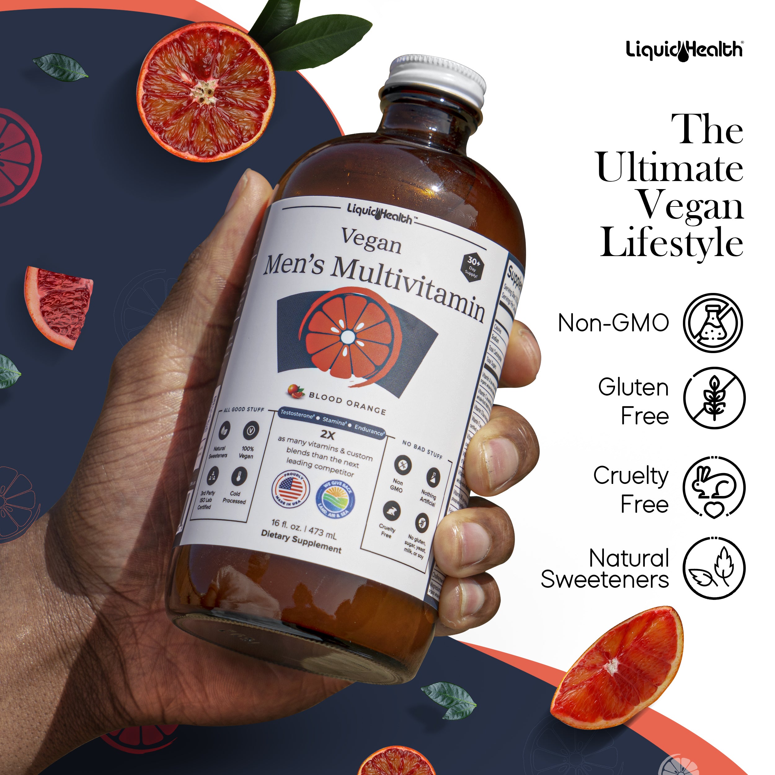 Vegan men's multivitamin bottle with fresh blood oranges