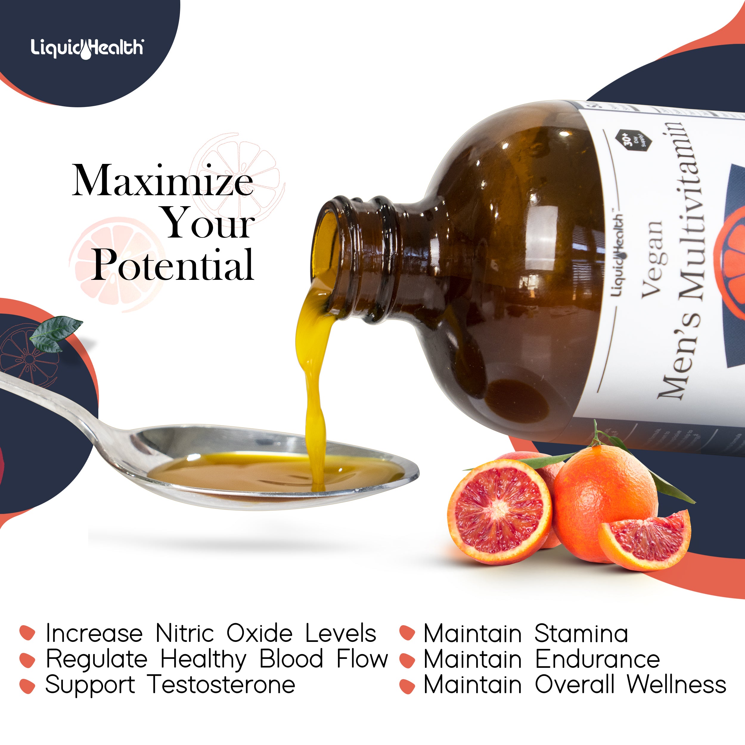 Liquid multivitamin pouring into spoon with blood orange flavor