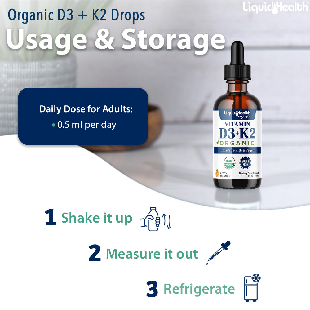 Vitamin D3 K2 usage and storage instructions with daily dosage steps