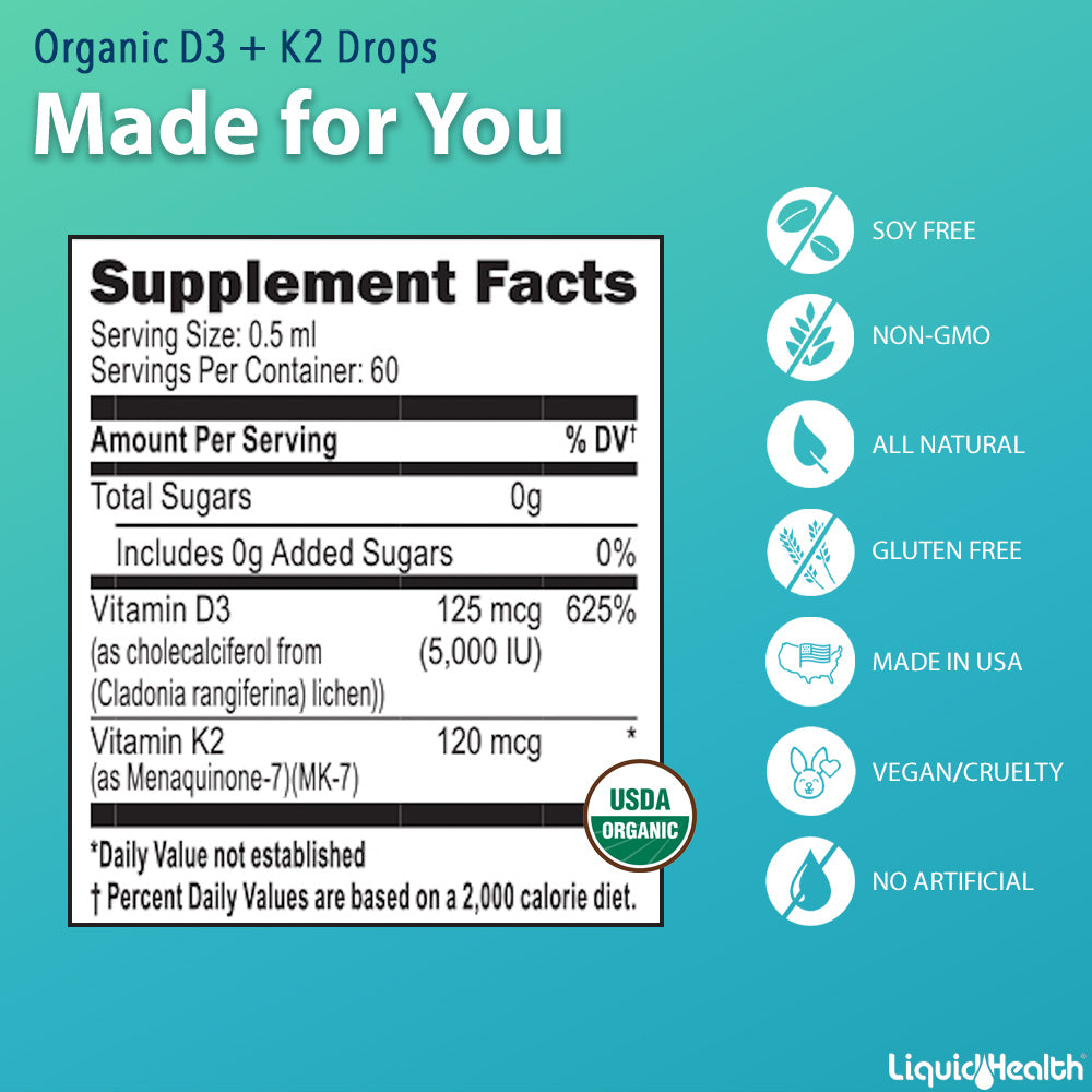 Vitamin D3 K2 supplement facts label with ingredients details