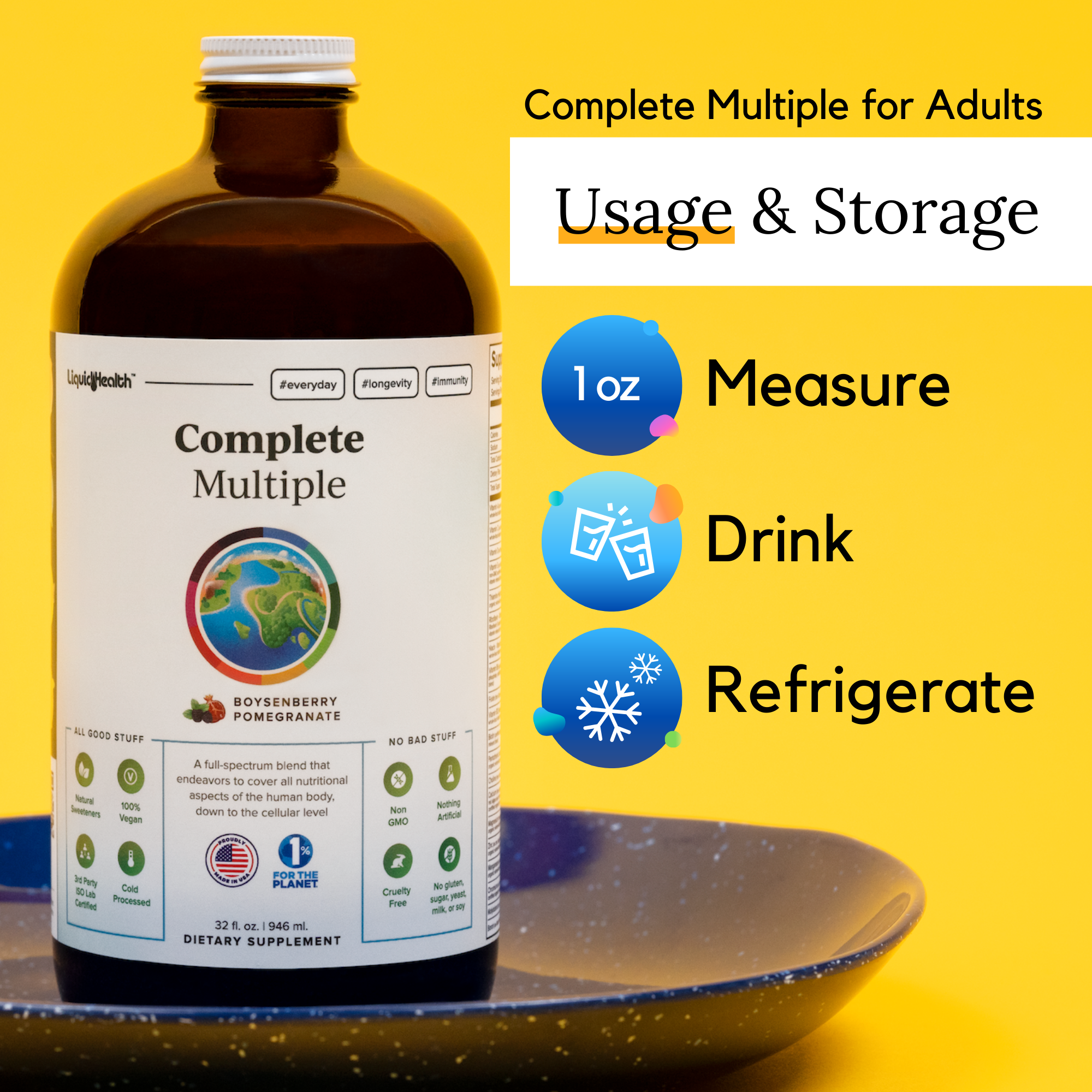 Liquid multivitamin usage measure drink refrigerate instructions