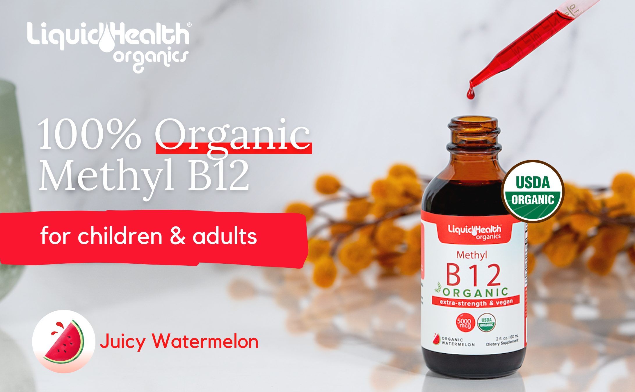 Organic watermelon flavored methyl B12 liquid supplement