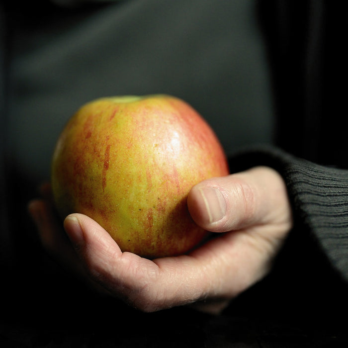 Person wearing black holding an apple in their hand