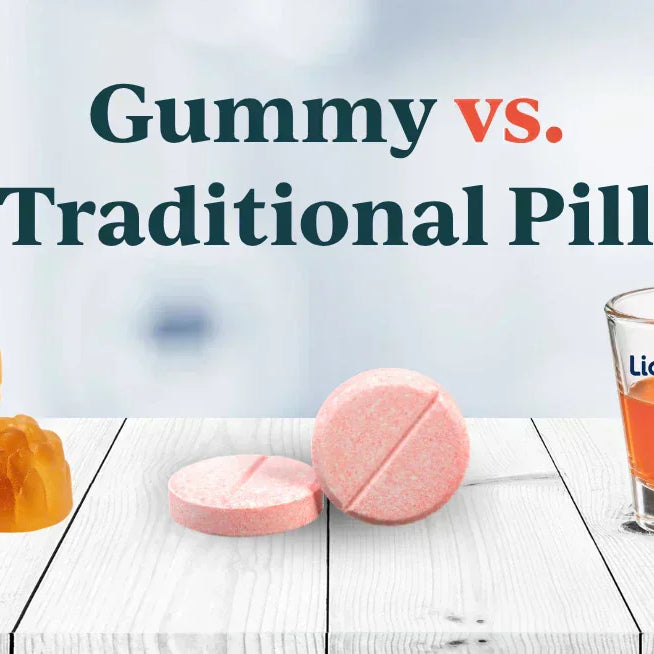 Graphic titled Gummy vs. Traditional Pill, showing gummies, pink tablets, and a liquid vitamin shot.