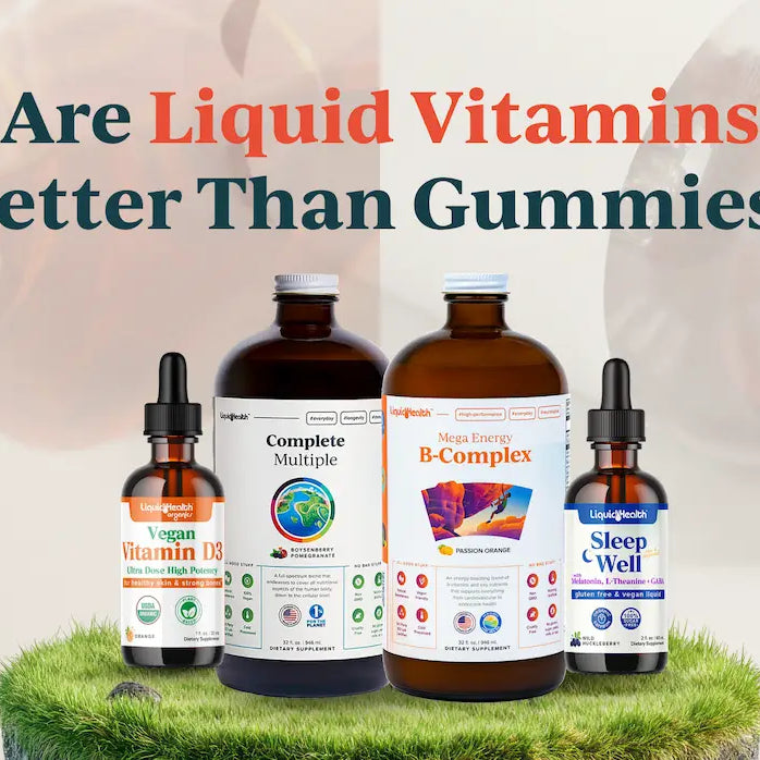 Are liquid vitamins better than gummies? A visual comparing liquid supplement bottles to a spilled jar of gummies.