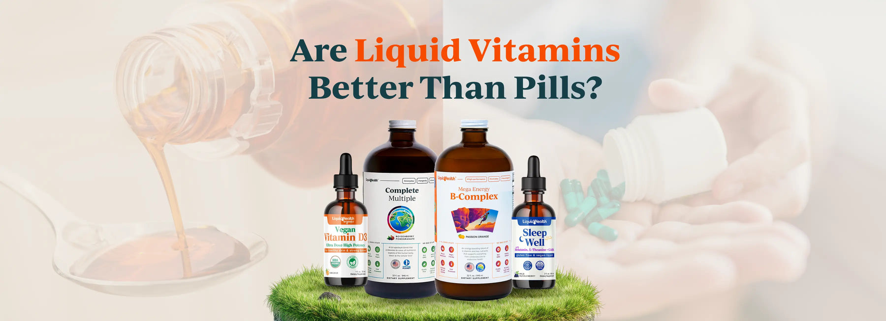 Visual comparison of liquid supplement bottles and a spoonful of liquid versus traditional pill capsules.