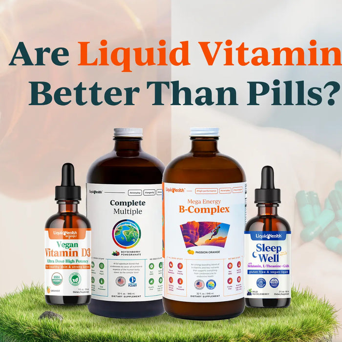 Visual comparison of liquid supplement bottles and a spoonful of liquid versus traditional pill capsules.