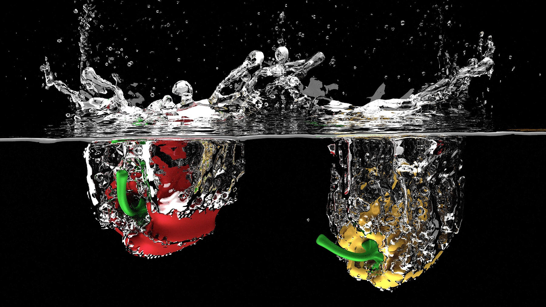 Red bell pepper and yellow bell pepper dropped into water