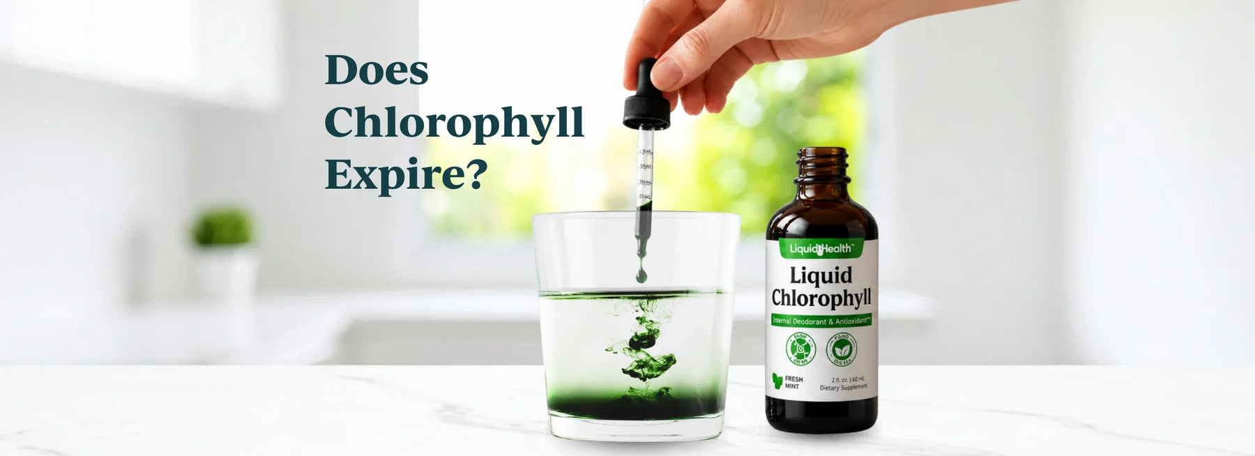 Graphic reading Does Chlorophyll Expire?, showing a hand dispensing Liquid Health drops into a glass of water.