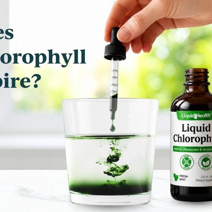 Graphic reading Does Chlorophyll Expire?, showing a hand dispensing Liquid Health drops into a glass of water.