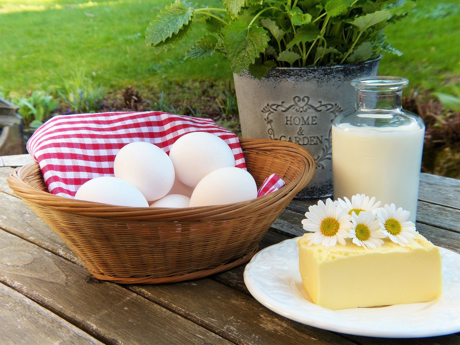 Eggs, cheese and milk on a wooden table
