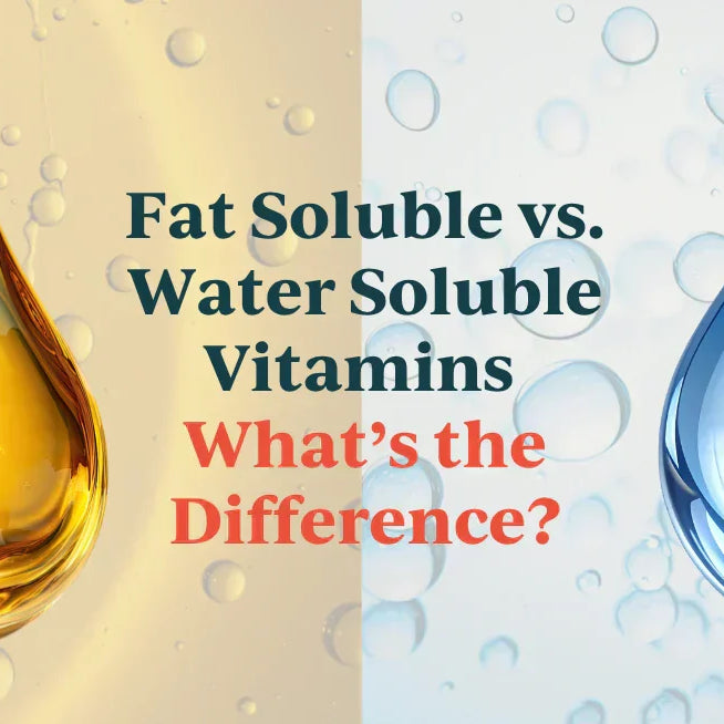 Graphic titled Fat Soluble vs. Water Soluble Vitamins: What's the Difference?, showing an oil and water drop.