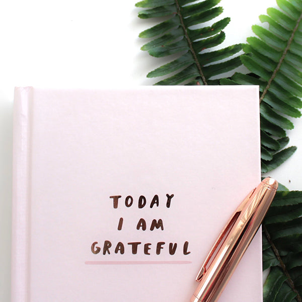 Book titled Today I Am Grateful, along with a pen and green leaves
