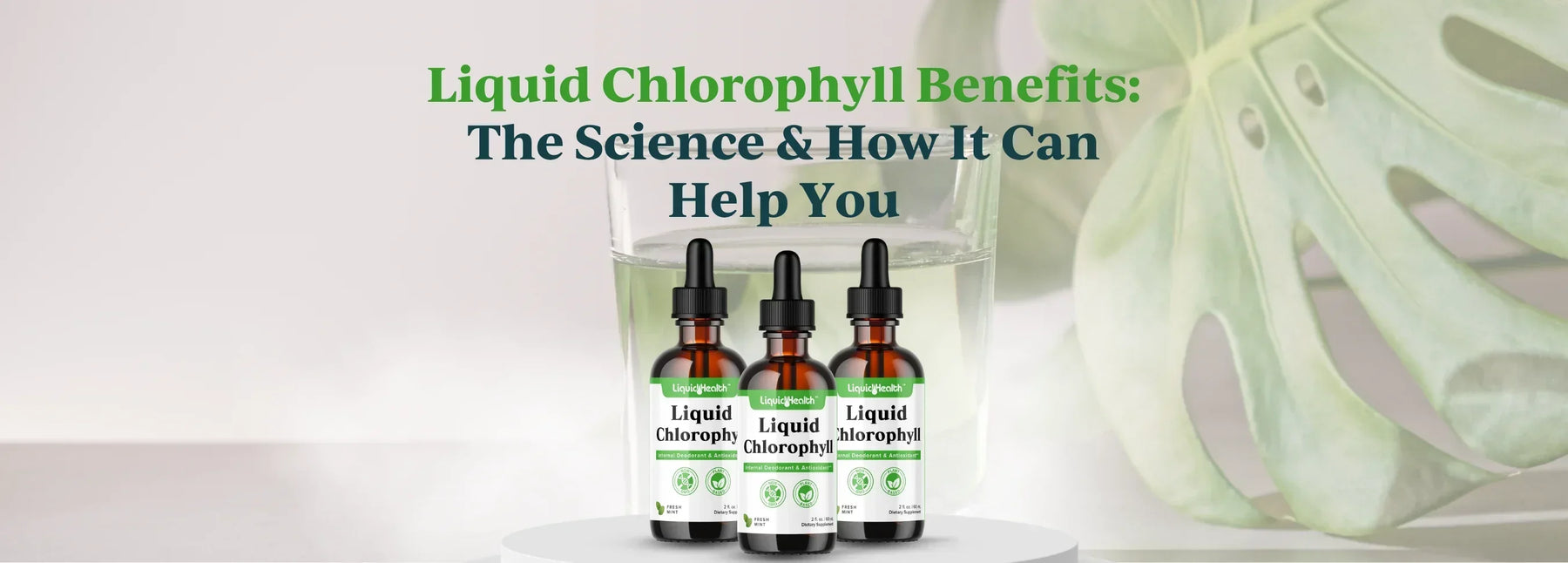 Graphic titled Liquid Chlorophyll Benefits: The Science & How It Can Support You, showing supplement bottles and a glass of water.