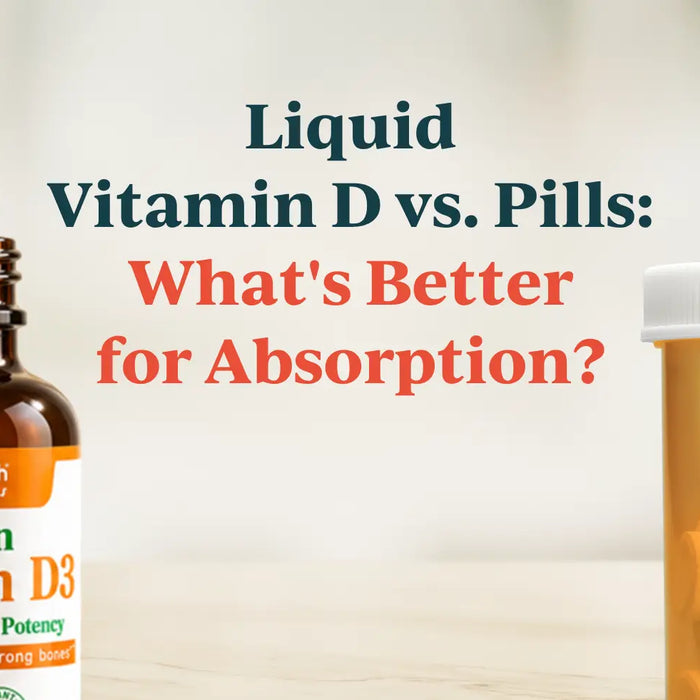 Hero banner for guide on liquid vitamin D versus pills showing a liquid dropper bottle and vitamin tablets.