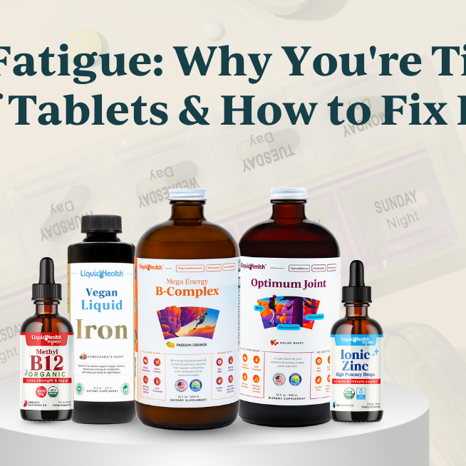 Five Liquid Health bottles on a pedestal, contrasting with faded daily pill organizers in the background.