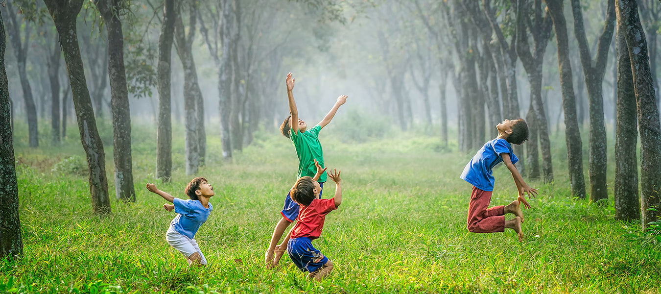 Children on grass near trees jumping high