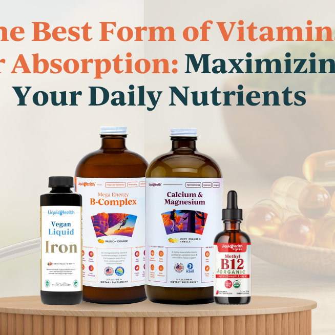 Liquid pouring into a spoon next to four Liquid Health vitamin bottles, with blurred pills in the background.