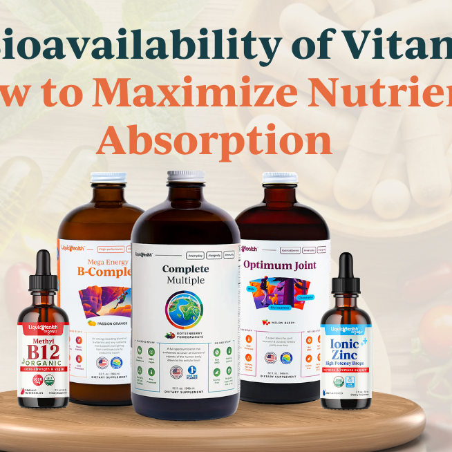 Five Liquid Health bottles on a wooden stand, with blurred fruits, vegetables, and pills in the background.