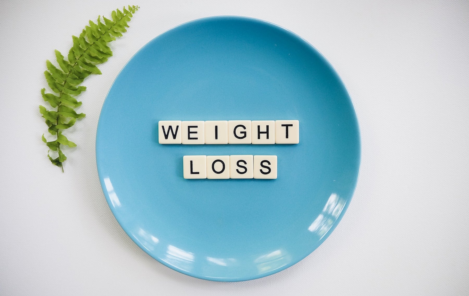 Leaf next to a blue plate that reads weight loss