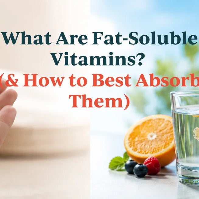 Graphic reading What Are Fat-Soluble Vitamins? (& How to Absorb Them), comparing pills to liquid drops in water.