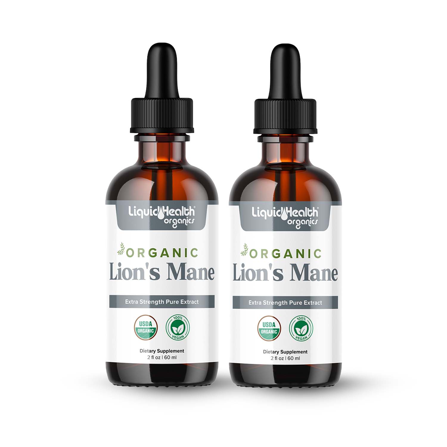 Two pack organic lion's mane mushroom dropper bottles