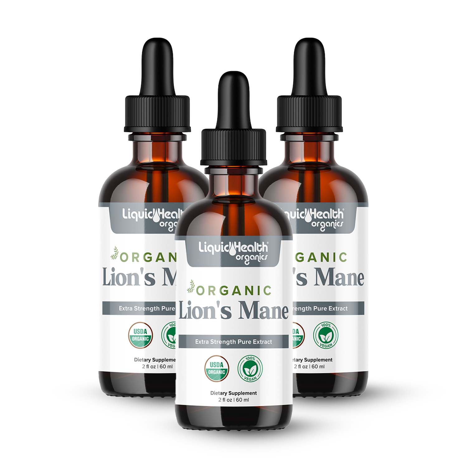 Three pack organic lion's mane mushroom dropper bottles