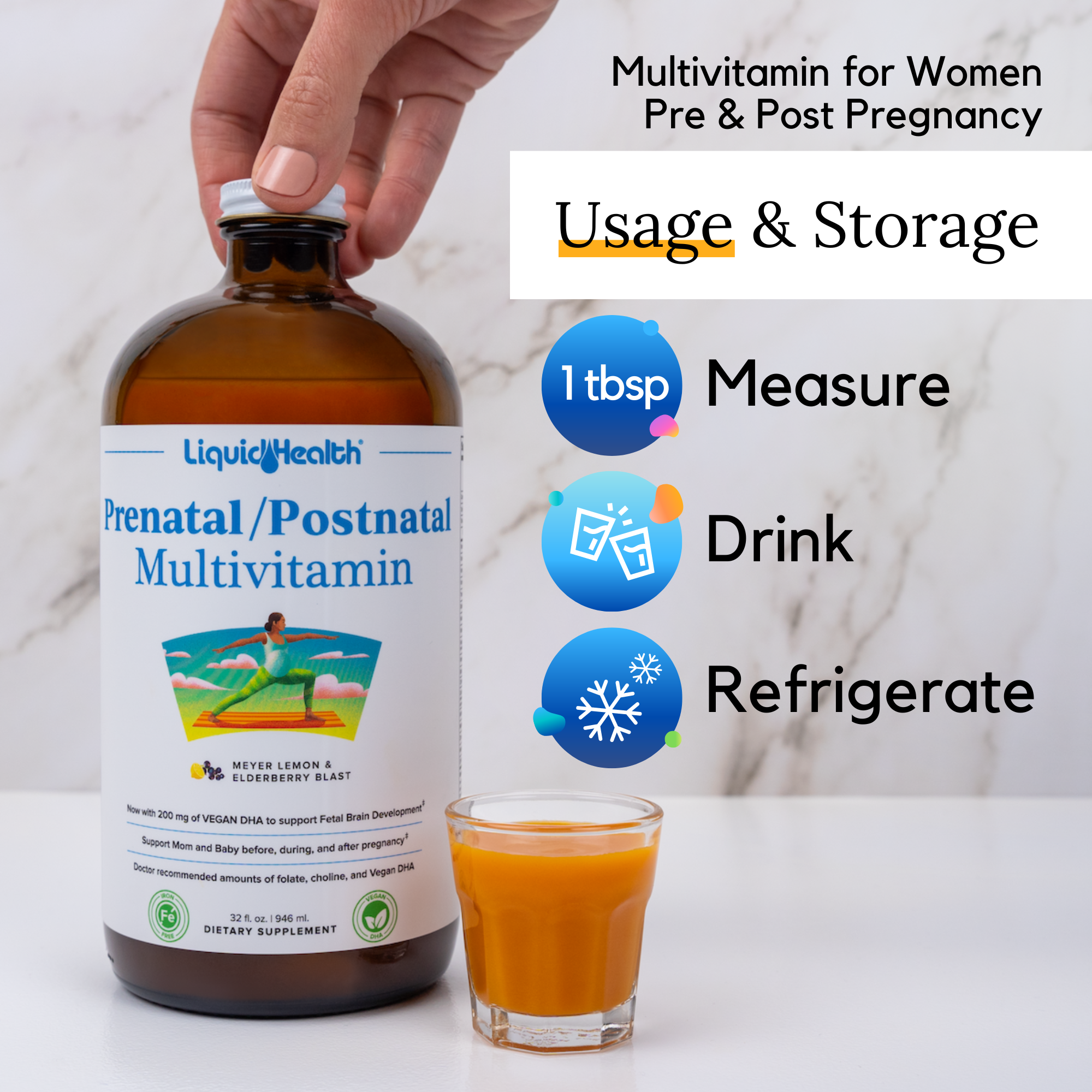 How to use prenatal liquid vitamins measure drink and refrigerate