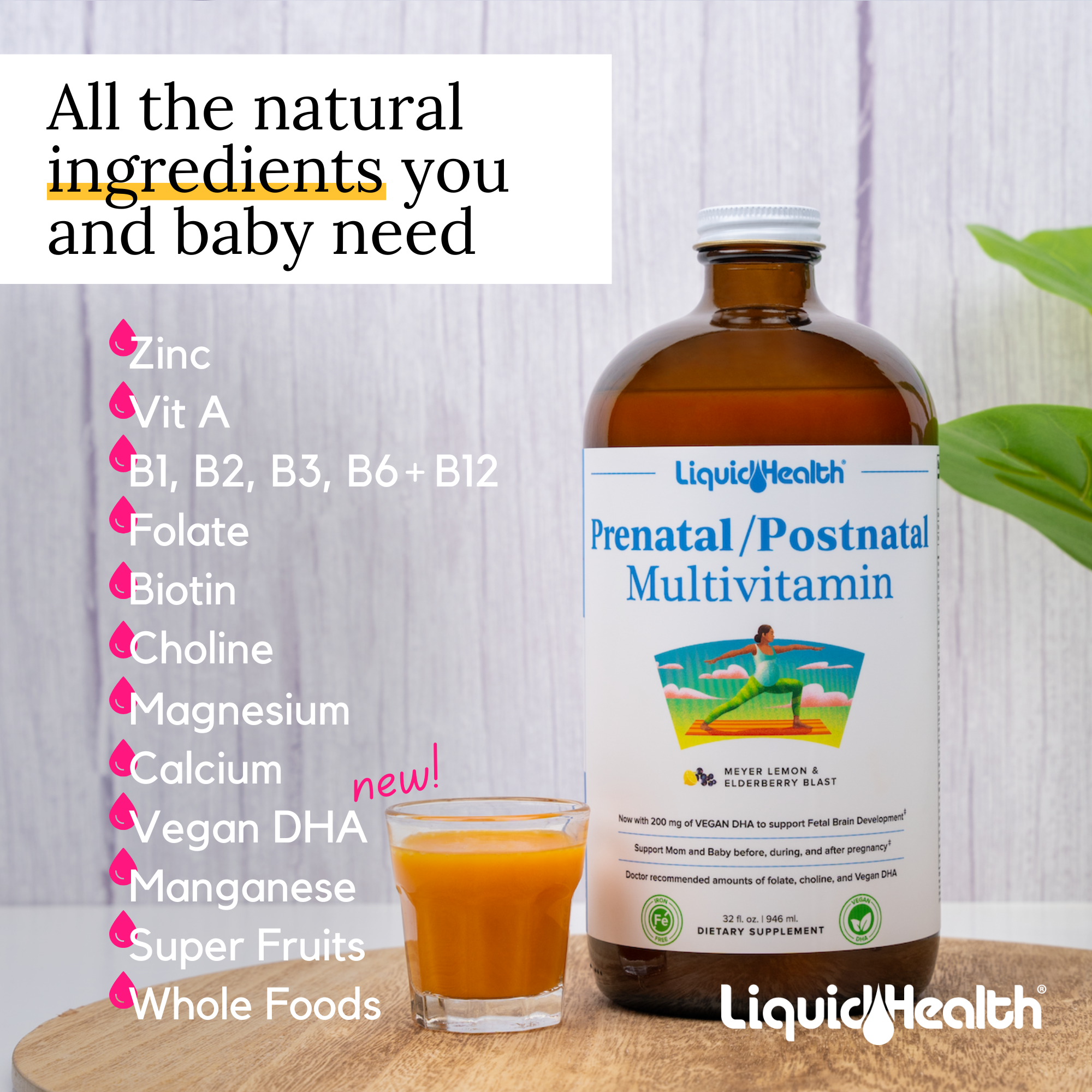 Prenatal multivitamin natural ingredients with liquid supplement bottle