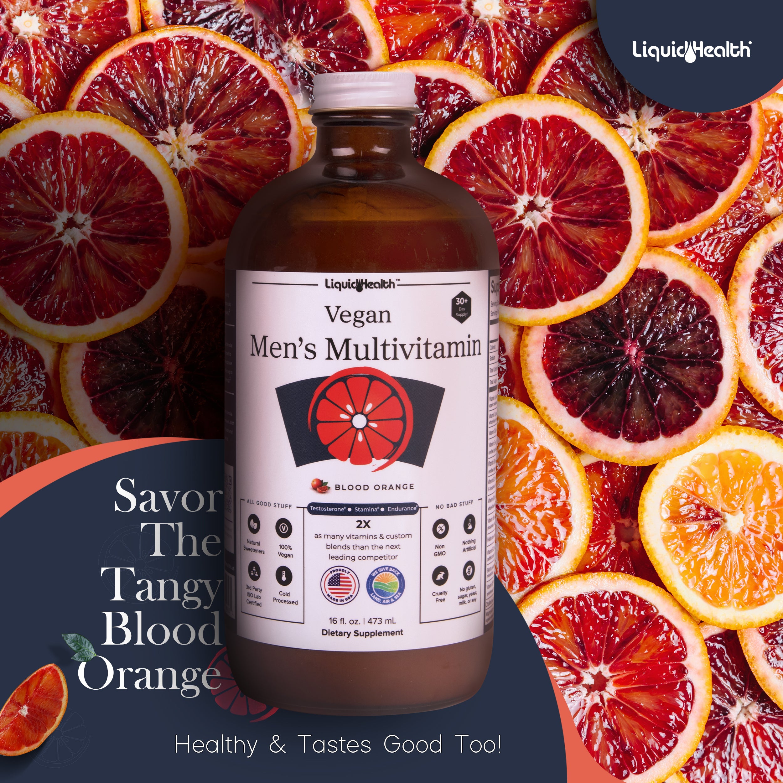 Blood orange flavored multivitamin bottle with fruit background