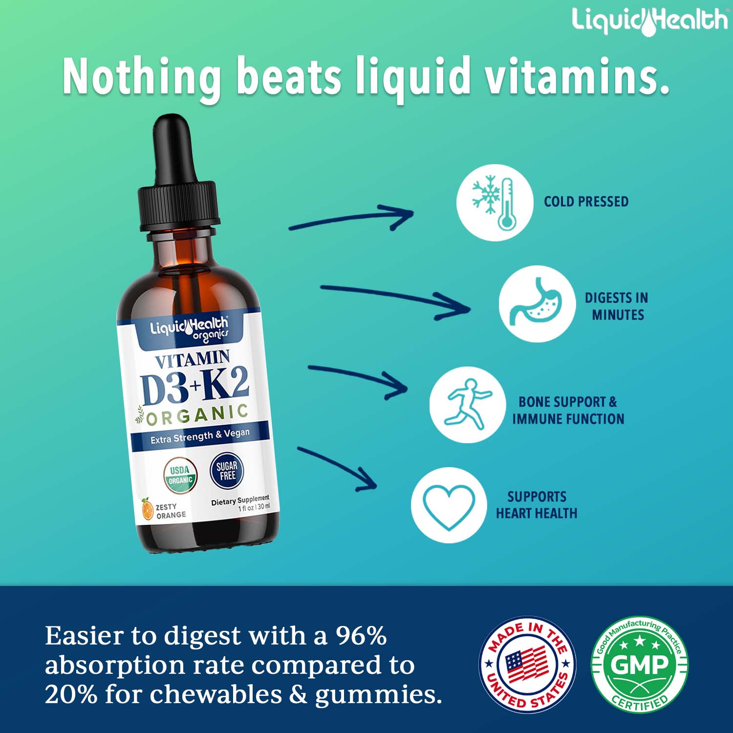 Liquid vitamin D3 K2 bottle benefits