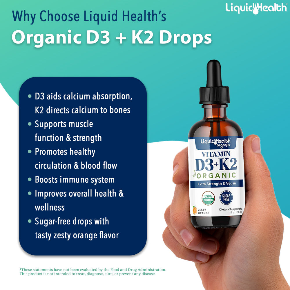 Hand holding vitamin D3 K2 dropper bottle with product highlights