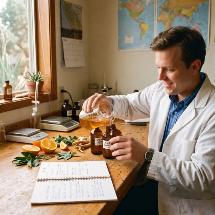 Liquid Health formulator pouring an first batch into amber bottles at desk in 1992.