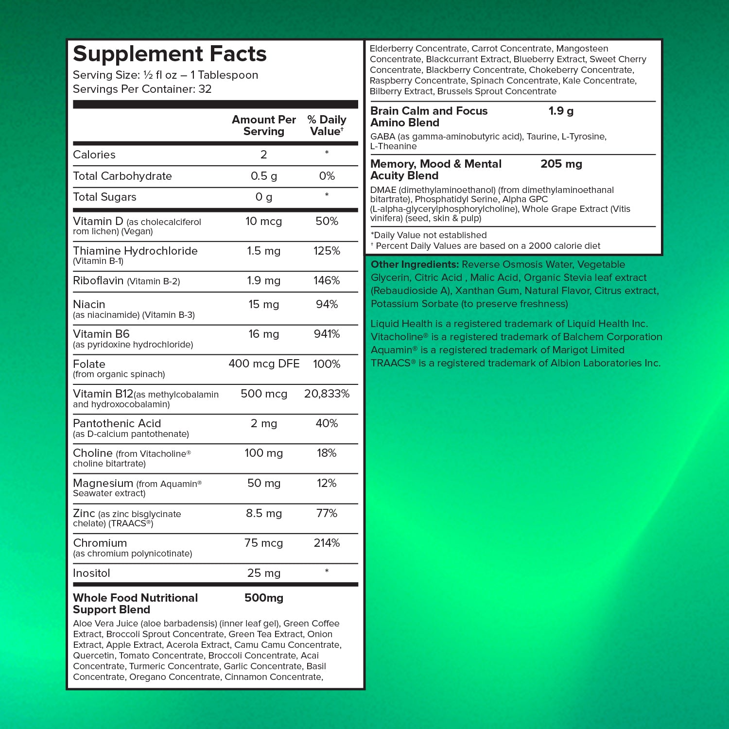 Supplement facts label with nutritional information