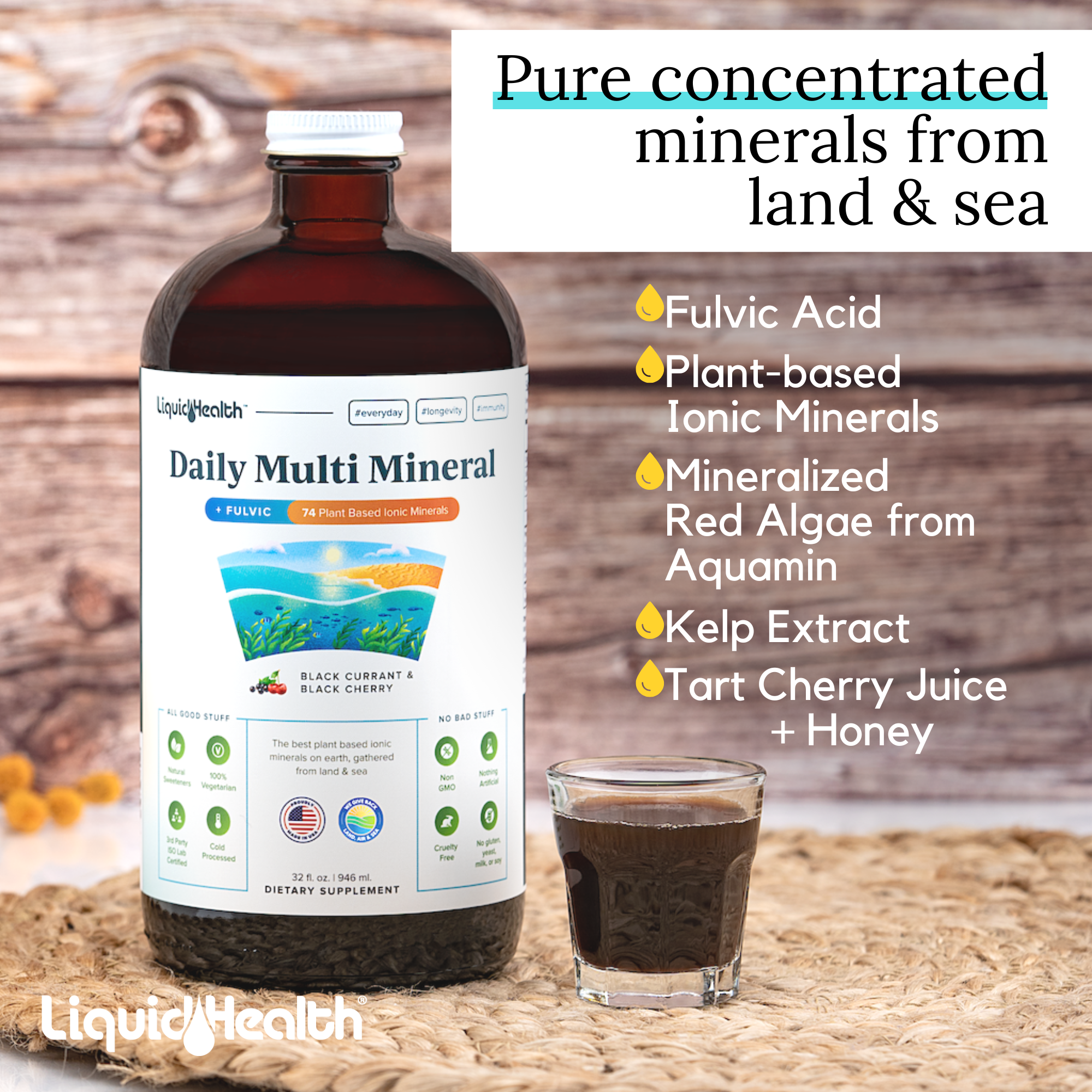 Liquid mineral supplement with fulvic acid, plant-based minerals, and tart cherry juice