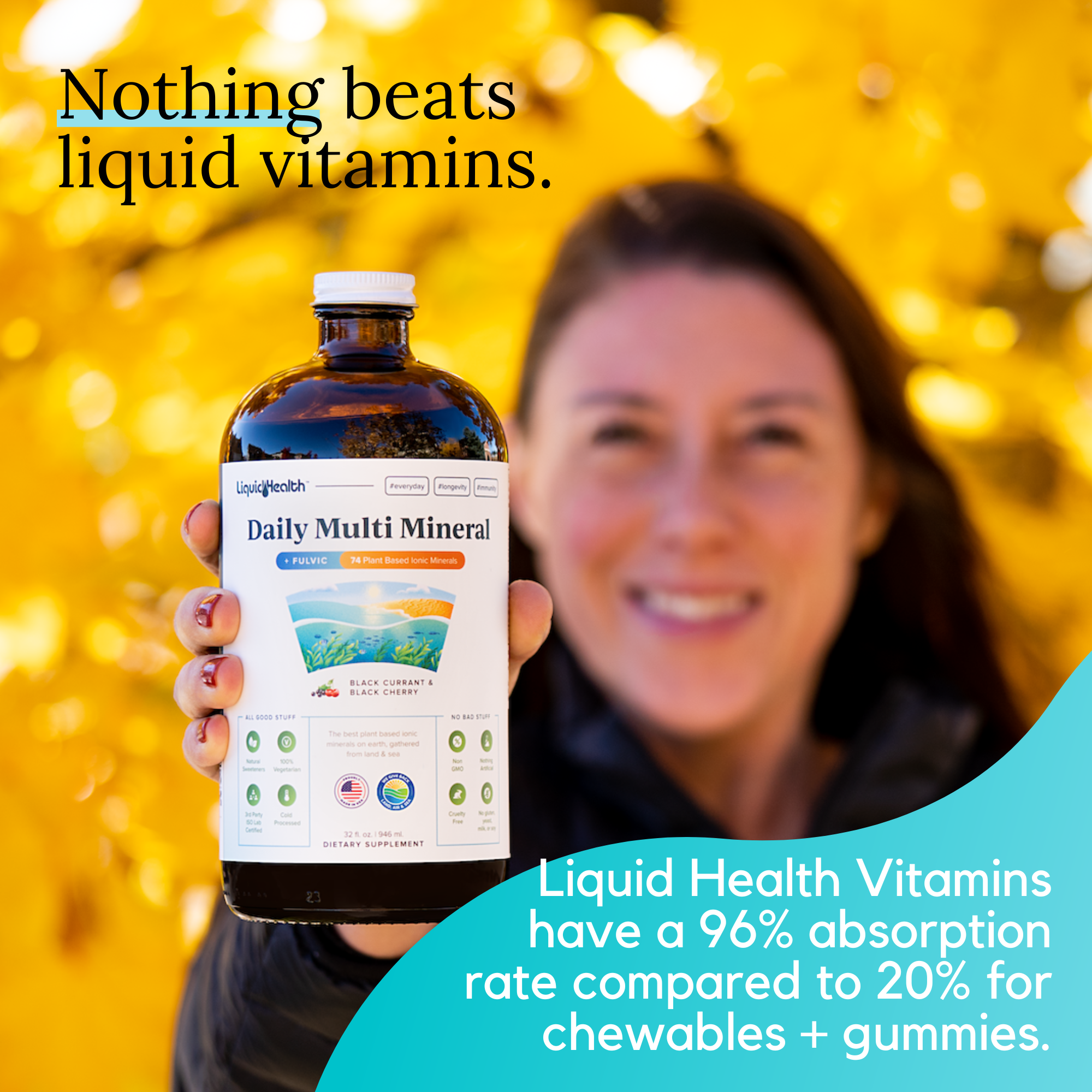 Woman holding liquid multivitamin supplement with high absorption benefits