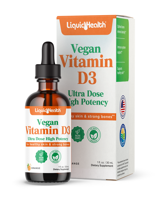 Liquid Health Vegan D3 dark bottle and box