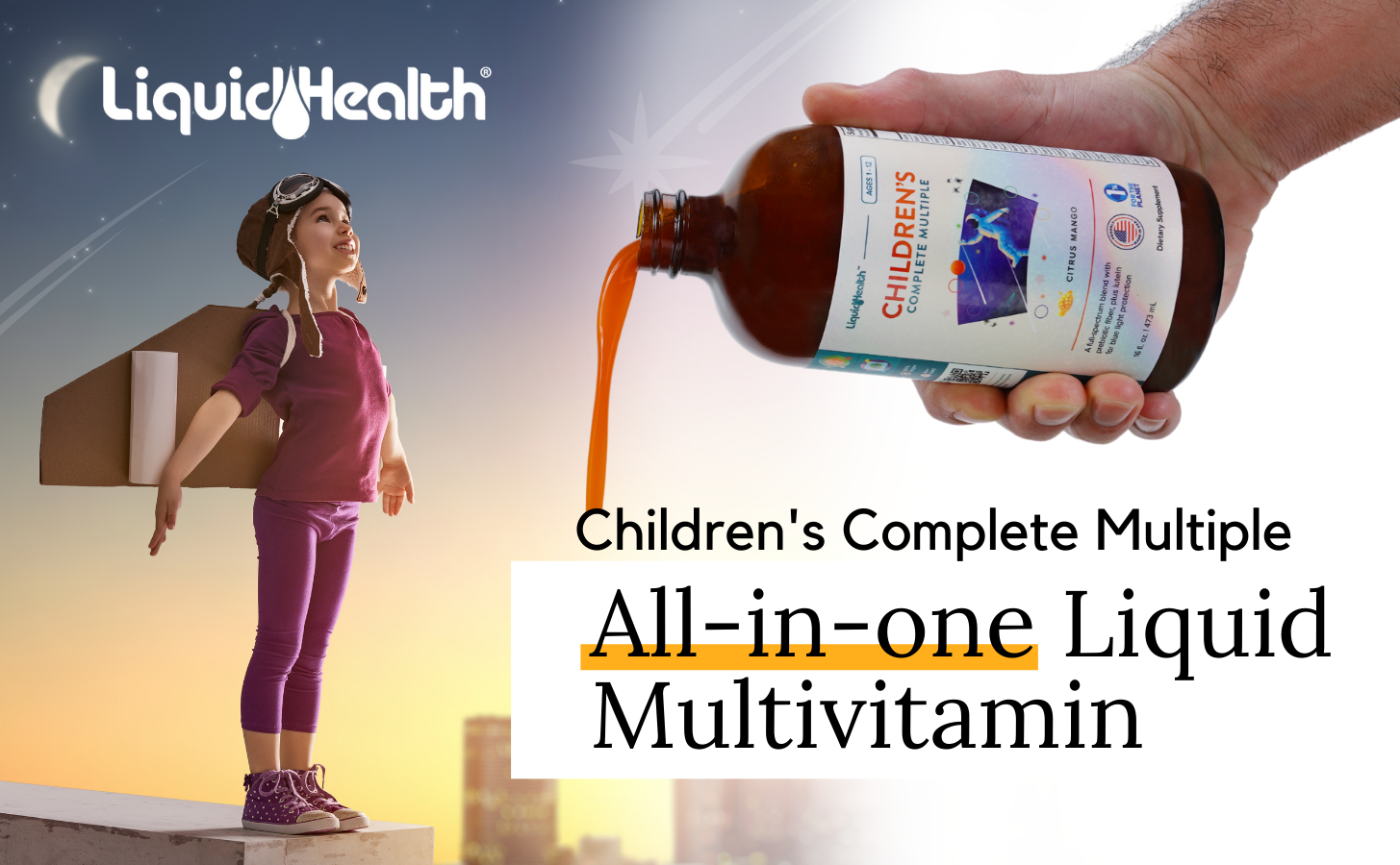 Liquid multivitamin pouring with all in one nutrition benefits